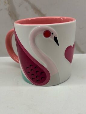 Stylized Pink Flamingo and Heart Ceramic Coffee Mug by Indigo